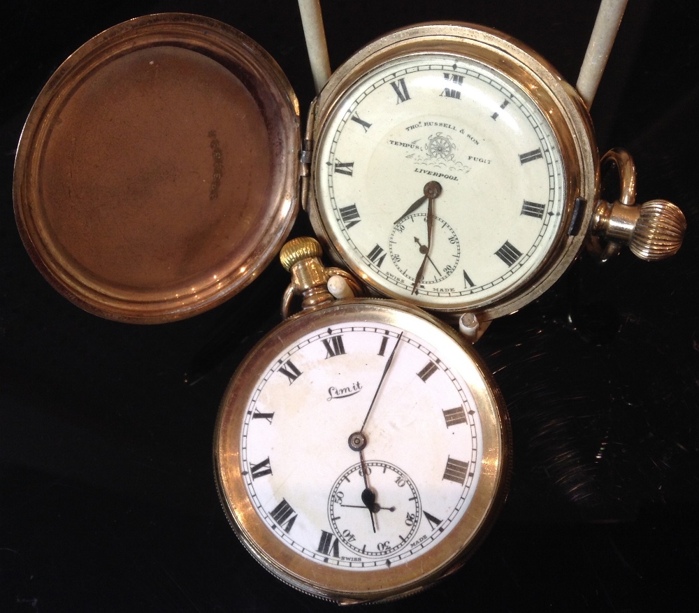 A Thomas Russell of Liverpool gold plated hunter pocket watch, cream dial, bold Roman numerals,