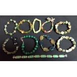 A Chinese stained green jade effect and white metal eight panel bracelet;