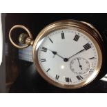 A Waltham 9ct gold open face pocket watch, white dial, bold Roman numerals, minute track,
