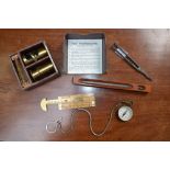 A Victorian miniature brass microscope, a pocket compass, tuning fork,