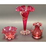 A Victorian Cranberry glass two handled posy vase, flared everted rim, 16.