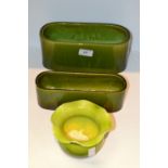 Bretby - two rounded  rectangular green plant troughs, 26cm long,