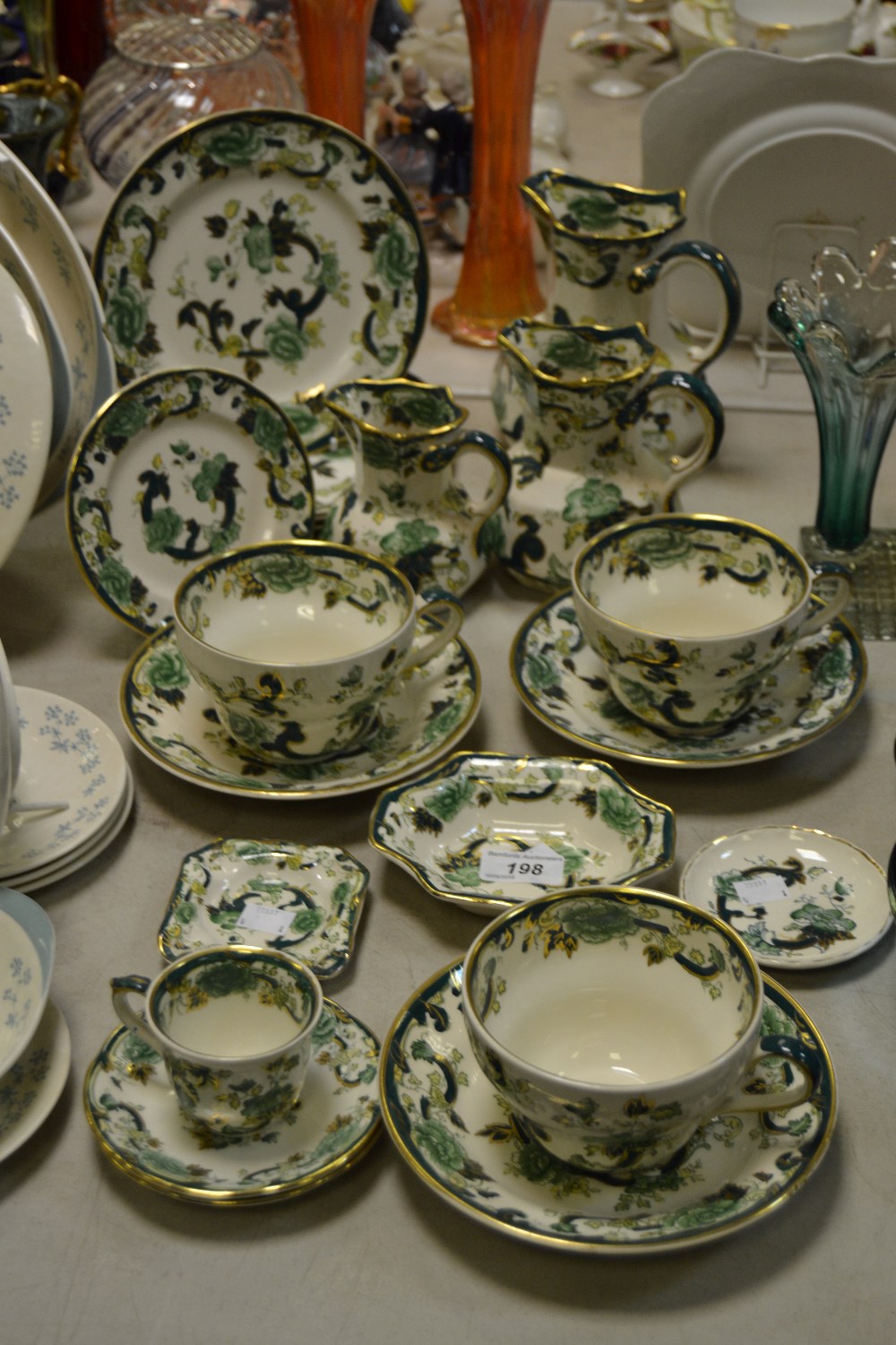 Mason's Chartreuse - a set of three ogee breakfast teacups,