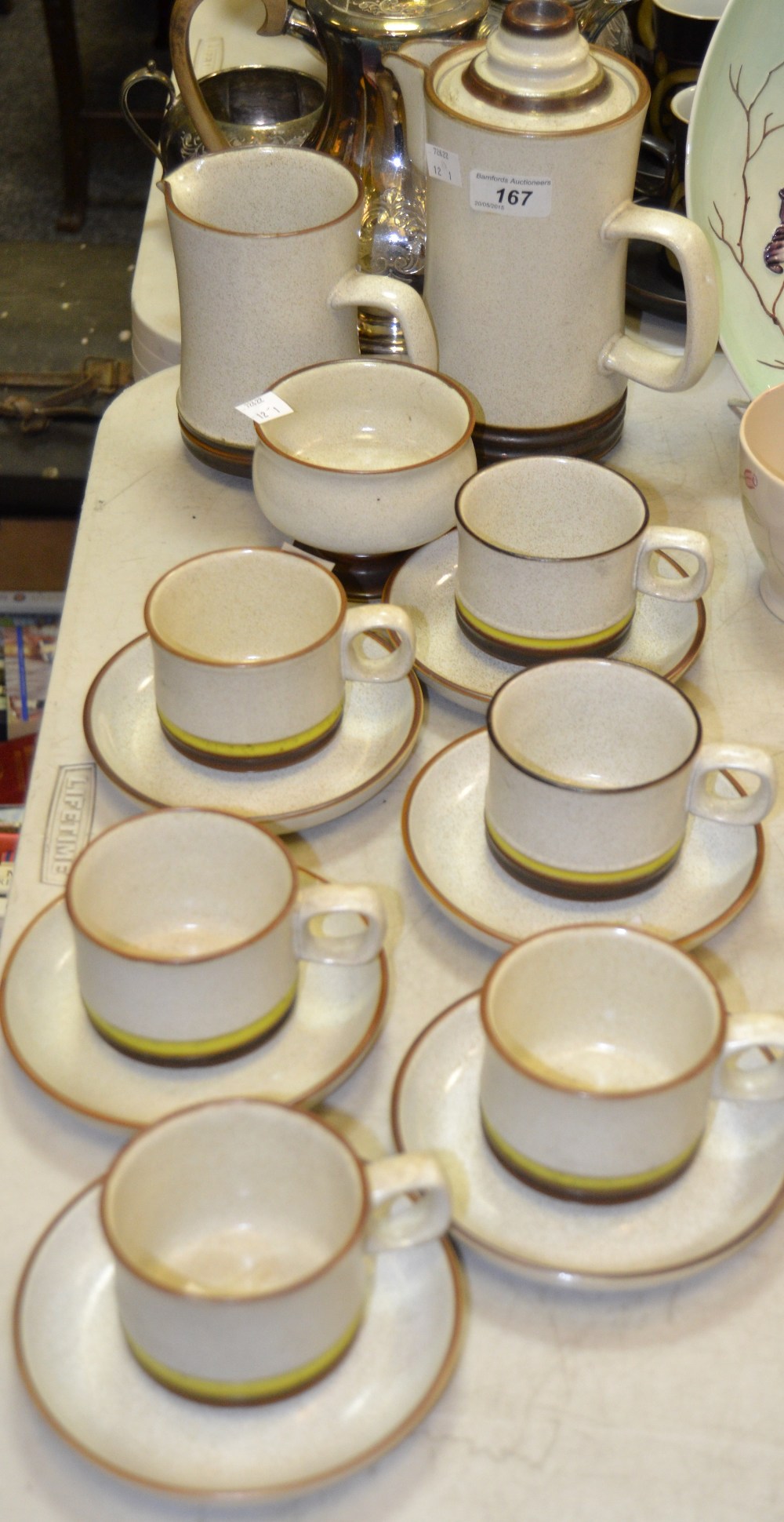 A Denby six setting coffee service, comprising coffee pot, milk jug and sugar bowl,