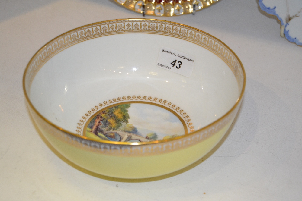 A Royal Crown Derby bowl, painted by William Mosley, signed, with a figure on a bridge fishing,