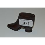 An early 19th century rosewood novelty snuff box, as a shoe, swivel cover, 7.5cm long, c.