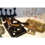 A late 19h century brass desk stand;  a brass and bone seal;  ebony dressing table set;