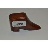 An early 19th century mahogany novelty snuff box, as a shoe, sliding cover,