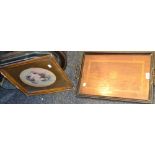 A 1930s oak oval mirror; another bevelled; a fashion print;