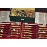 Flatware - a set of six Mappin & Web  horn hafted steak knives and forks, cased; another,