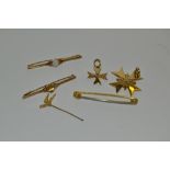 A 9ct gold bar brooch, set with an opal ;  another,