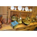 Metalware - a copper cider flagon; a circular copper bowl; a brass warming pan;