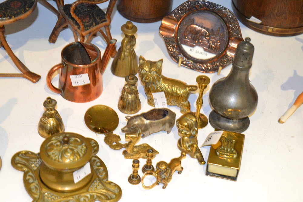 A 19th century pewter baluster castor (faults); an Art Nouveau brass shaped square inkstand;