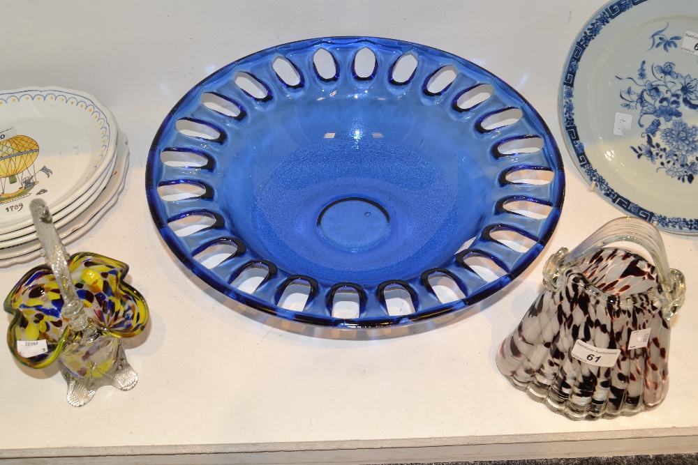 Glassware - a large blue glass centre bowl,