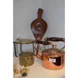 A copper Kettle; a brass trivet; bellows;