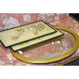 A mid 20th century oval gilt ribbon tied mirror;  two Chinese silk prints,