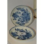 A Worcester Fence pattern saucer, printed with fence, peonies and birds in flight, tramline border,