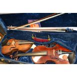 A lae 19th century German two-piece violin;  another;   two bows;