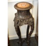 A good Chinese padouk wood stand, circular top centre with rouge marble panel,