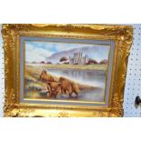 A Bronté porcelain plaque, painted by T**Young, signed, with Highland Cattle at Glamis Castle,