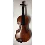 A violin, the one-piece back 36cm long excluding button,