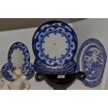 A set of ten Victorian flow blue dinner plates;  other blue and white;