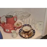 Ceramics - a Lovatts Langley mottled pink bachelor's teapot and stand,