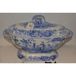 A large 19th century Spode Girl at the Well pattern  blue and white canted rectangular two-handled