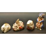 A Royal Crown Derby paperweight, Meadow Rabbit, gold stopper; Poppy Mouse,