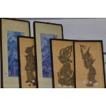 Thai brass rubbing's, musician playing (3); other printed panels (2),