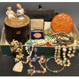 An Art Deco jade style bead necklace; other costume jewellery; pin cushion dolls;