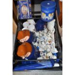 Advertising- a Tetley Choice Tea tin;  teapots, Tea Folk biscuit barrels;  tea towels, aprons etc.