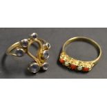 Jewellery - A five stone coral and seed pearl ring,