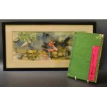 A Japanese watercolour of fish in a pond, framed,