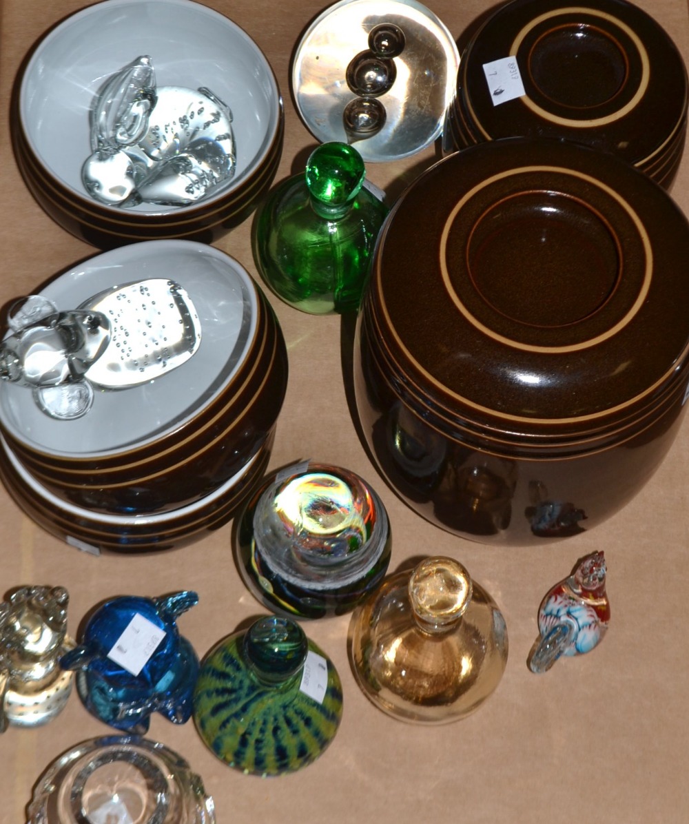 A glass Mdina style paperweight; an owl model; others; qty; a modern Denby biscuit barrel and cover,