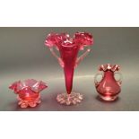 A Victorian Cranberry glass two handled posy vase, flared everted rim, 16.