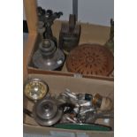 A silver plated three piece tea service; Victorian table centre; flatware; etc.
