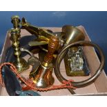 A brass model spitfire desk weight; an Art Nouveau brass desk stand; a brass hand bell;
