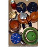 A Langley Mill Princess pattern coffee pot; similar tobacco jars; stoneware hot water jugs;