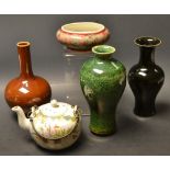 Oriental Ceramics- a polychrome enamel painted tea pot, a bulbous brown glaze vase etc.