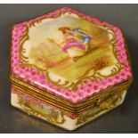 A continental hexagonal patch pot and cover, painted with a courting couple, brass mounted, 7.
