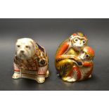 A Royal Crown Derby paperweight, Monkey and Baby, gold stopper; another, Bulldog,