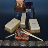 Boxes and Objects - Ivory and Silver;glove stretchers; brushes; beaded purse; Silver plated belt;