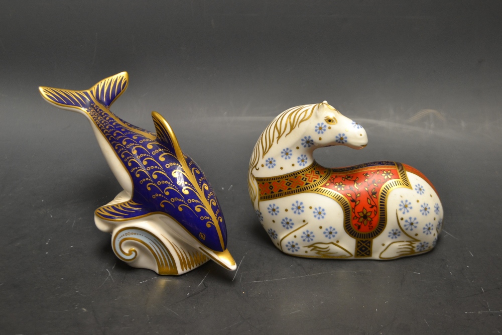 A Royal Crown Derby paperweight, Horse, gold stopper; another,