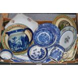 A large Staffordshire blue and white meat plate; an Adams Cries of London bowl;