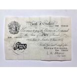 Banknote, Bank of England, O'Brien White £5, 3 June 1955, folded as usual,