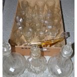 An acid etched 19th century cordial glass; a fl dr measure; others similar,