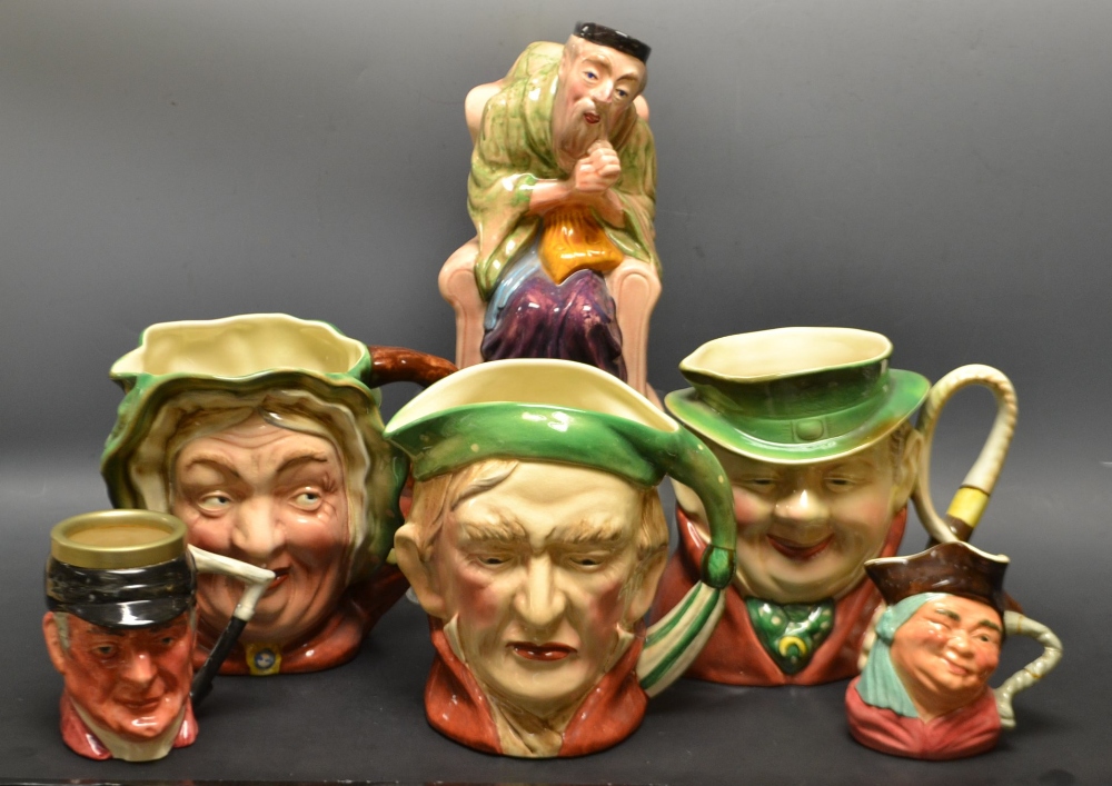 A Beswick character jug, Sairy Gamp; another, Tony Weller; Scrooge; a Melba ware Shylock; etc.