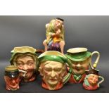 A Beswick character jug, Sairy Gamp; another, Tony Weller; Scrooge; a Melba ware Shylock; etc.
