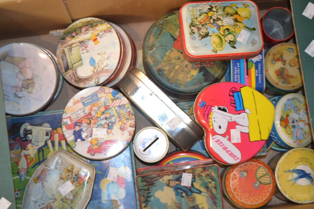 Novelty Children's Tins- Dilly Ducking Cough Pastilles; a 1958 Snoopy heart-shaped tin; another,